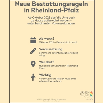 Neue Bestattungsregeln in Rheinland-Pfalz für 2025 Infografik: Neue Bestattungsregeln Rheinland-Pfalz. Ab Oktober 2025 dürfen Urnen unter Auflagen zu Hause aufbewahrt werden.