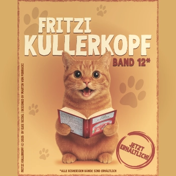 Die Katze, die aus ihrem Leben erzählt: ein Fritzi Kullerkopf Roman Rotbraune Katze sitzt mit einem Buch in den Pfoten auf dem Boden und Lacht in die Kamera