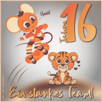 Eine Maus springt mit einem Skateboard über den Kopf eines sitzenden Tigers.