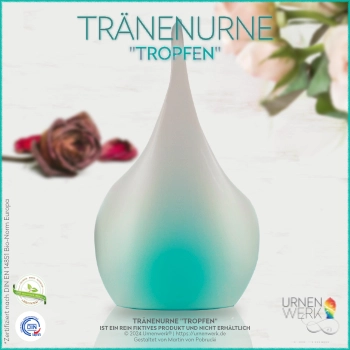 Eine Tränenurne in Tropfenform auf Marmor, mit Rose und Tulpe.