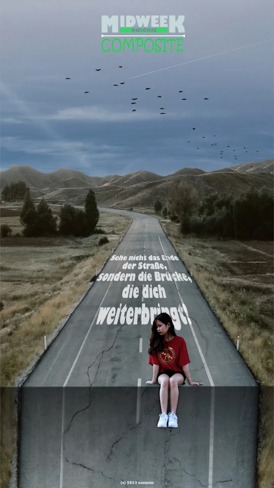 Midweek Motivation Speedart Komposition von Ecomtin – Motivationsspruch auf einer Straße mit fliegenden Vögeln.