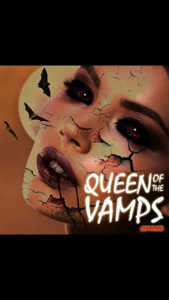 Dark-Fantasy-Komposition von Ecomtin: Eine herrschaftliche Vampirkönigin in einem detailreichen, dunklen Gewand mit einer mystischen, atmosphärischen Lichtstimmung.