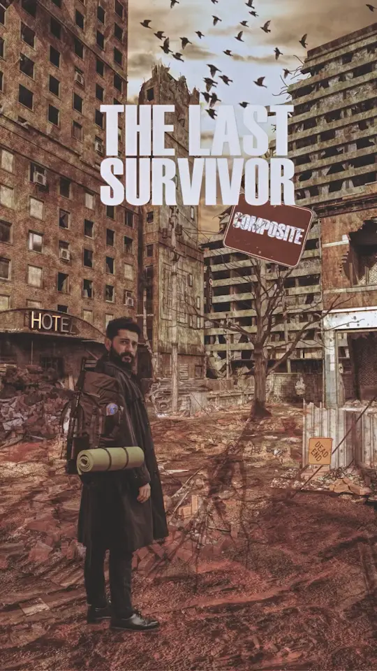 Post-apokalyptische Komposition von Ecomtin: Ein Überlebender mit Rucksack steht in einer zerstörten Stadt vor Ruinen und einem Vogelschwarm am Himmel mit dem Titel „The Last Survivor“.