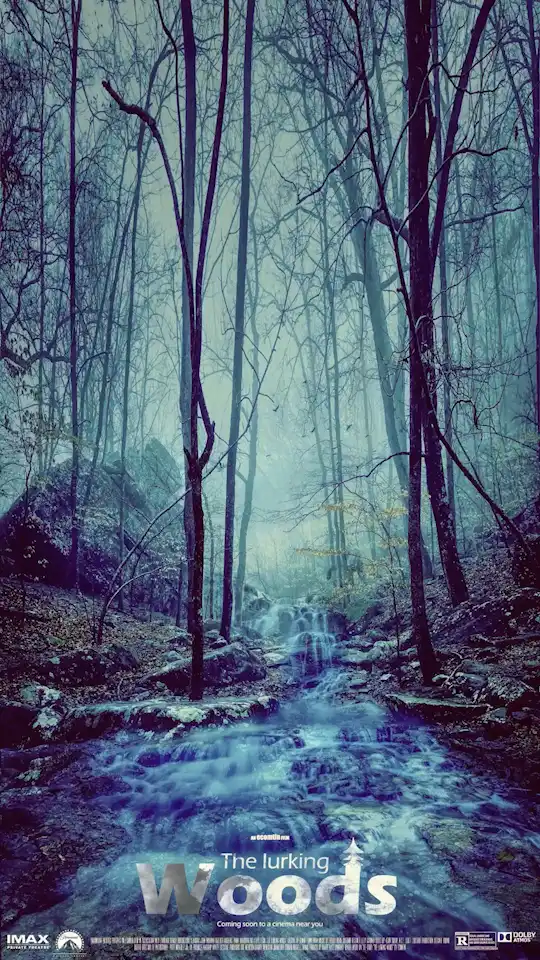 Horror-Filmplakat Design: The Lurking Woods, atmosphärische Wald-Komposition von Ecomtin.