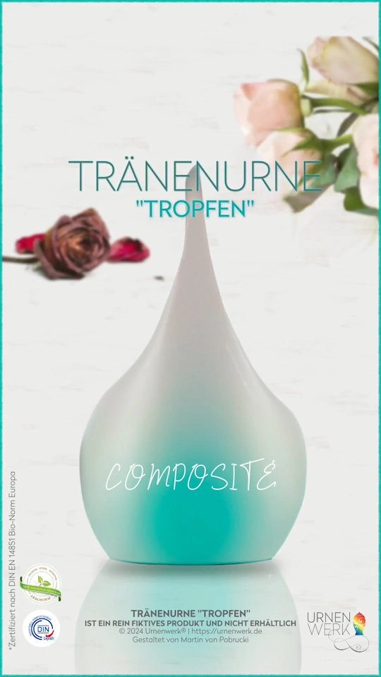 Emotionale Gedenk-Grafik von Ecomtin: Eine Urne in der Form eines gläsernen Tränentropfens, friedvoll inszeniert als Symbol für Trauer und ewige Erinnerung.