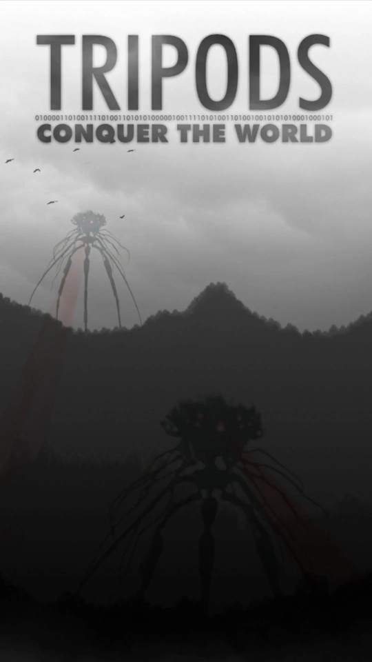 Sci-Fi-Key-Art von Ecomtin: Eine neblige Berglandschaft mit riesigen Tripoden-Silhouetten und dem Titel „Tripods – Conquer the World“.